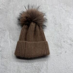Linda Richards Beanie Winter Hat Womens OS Brown Ribbed Knit Genuine Fur Pom Pom